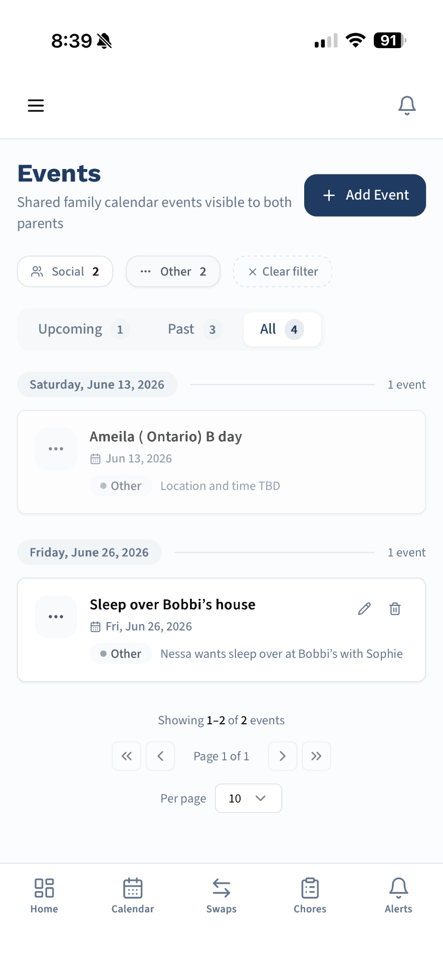 Family events on the home dashboard
