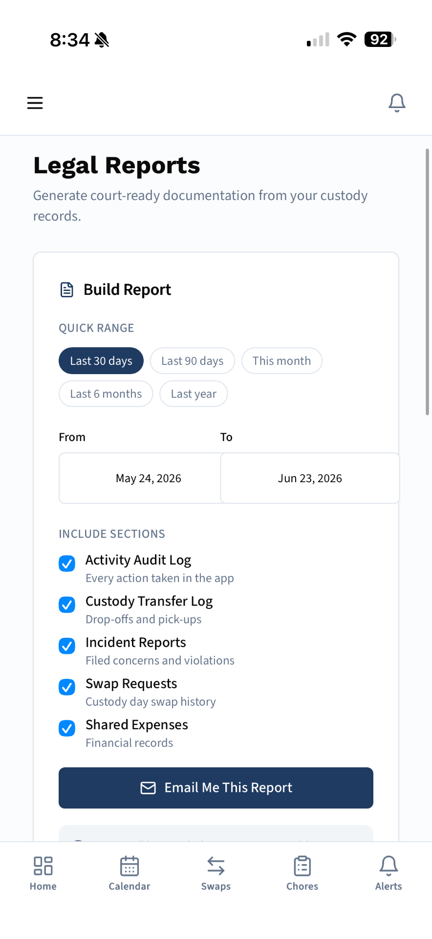 Court-ready PDF legal report from CustodyTrac