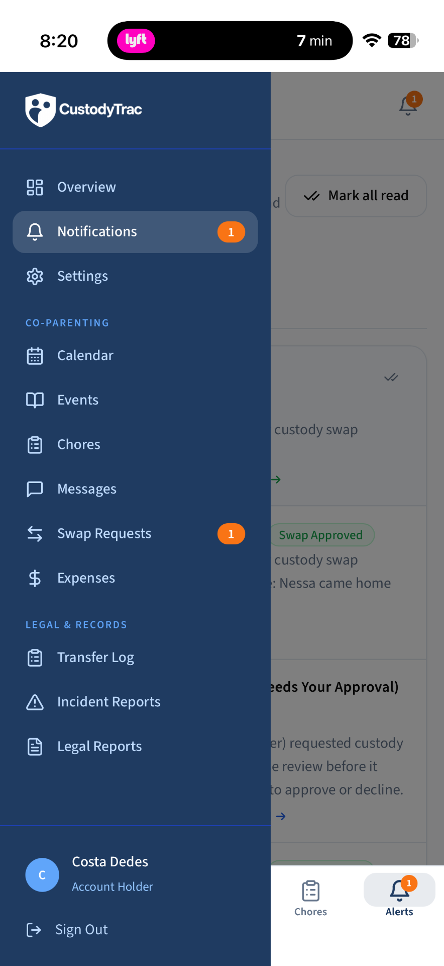In-app support and side menu