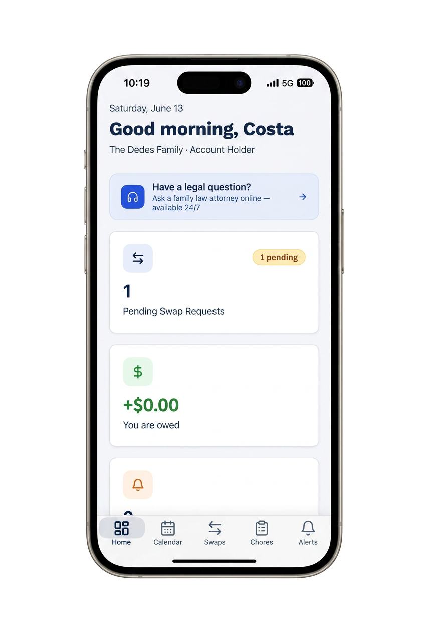 CustodyTrac home dashboard shown on iPhone 17 Pro