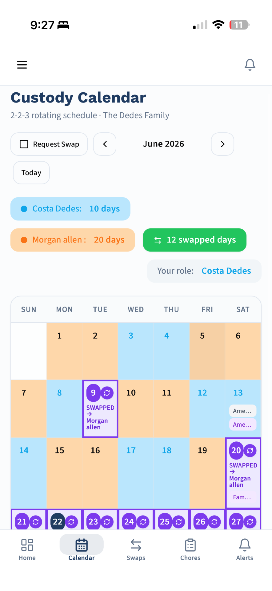 Swap requests on the custody calendar