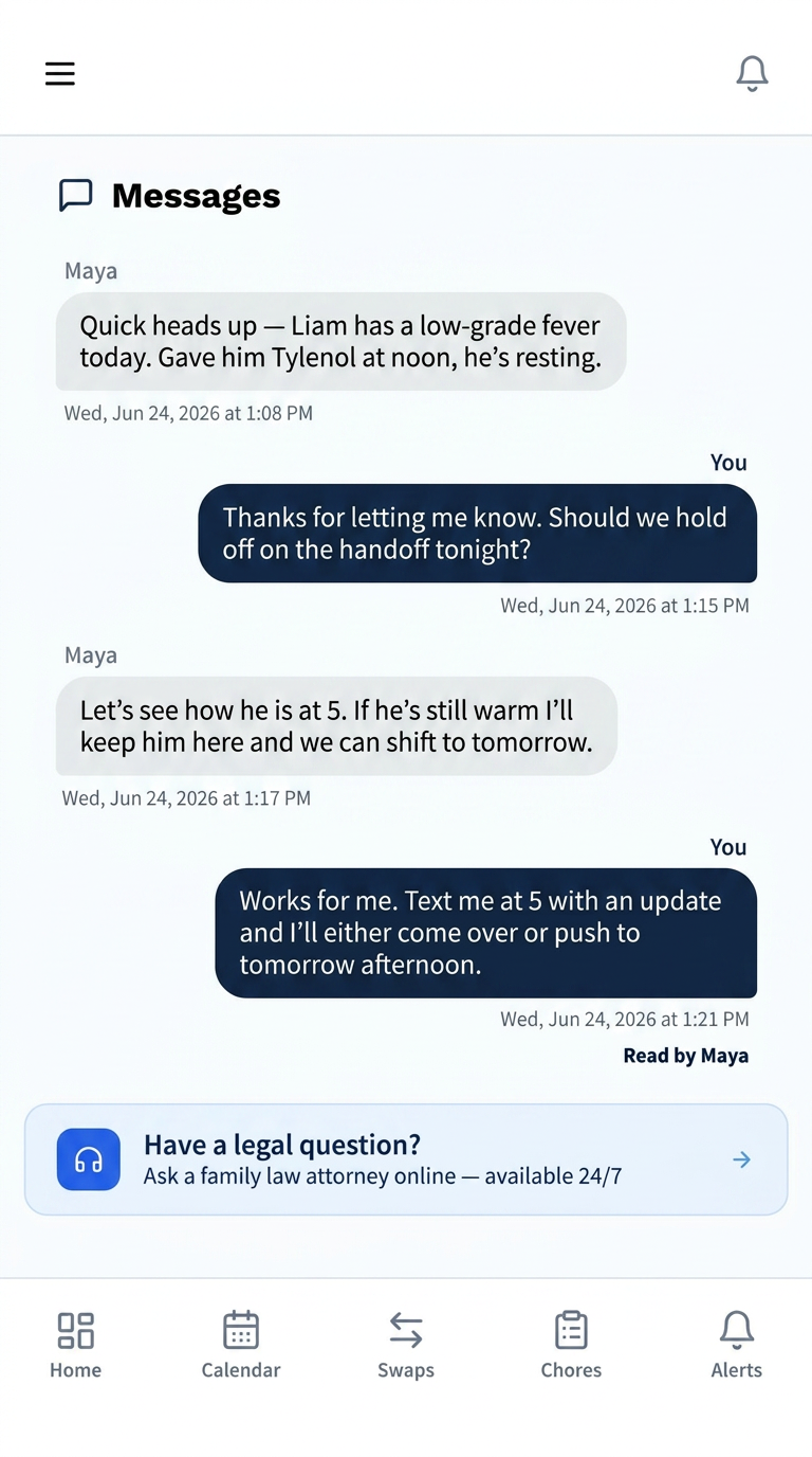 High-conflict co-parenting messages with per-person read receipts